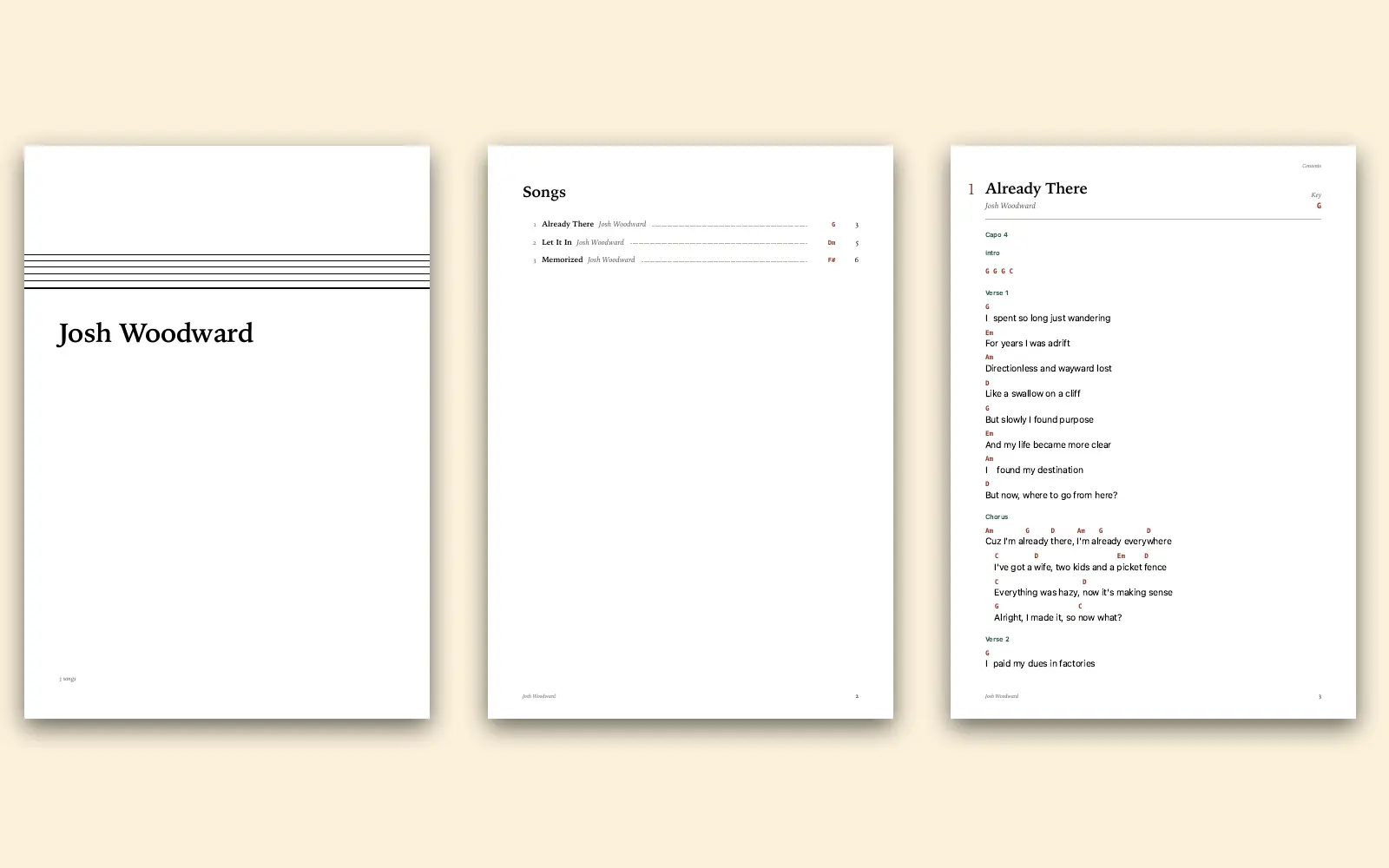 Three pages of a printed booklet: the cover, the contents and a song