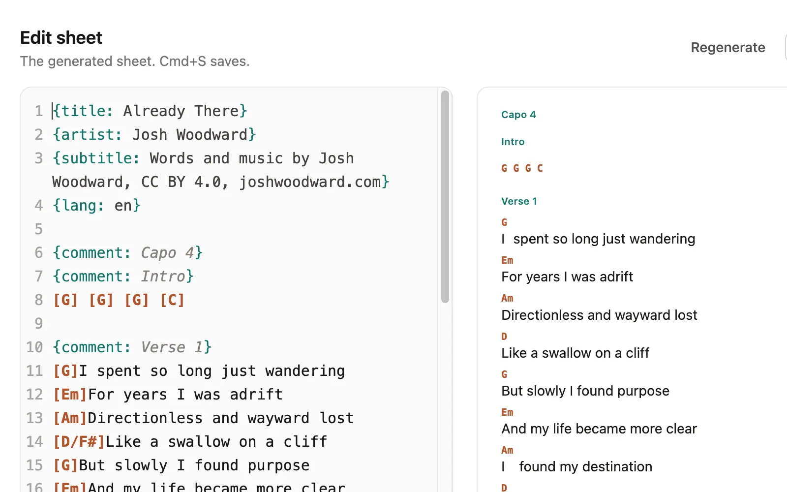 The ChordPro editor on the left and the live preview on the right